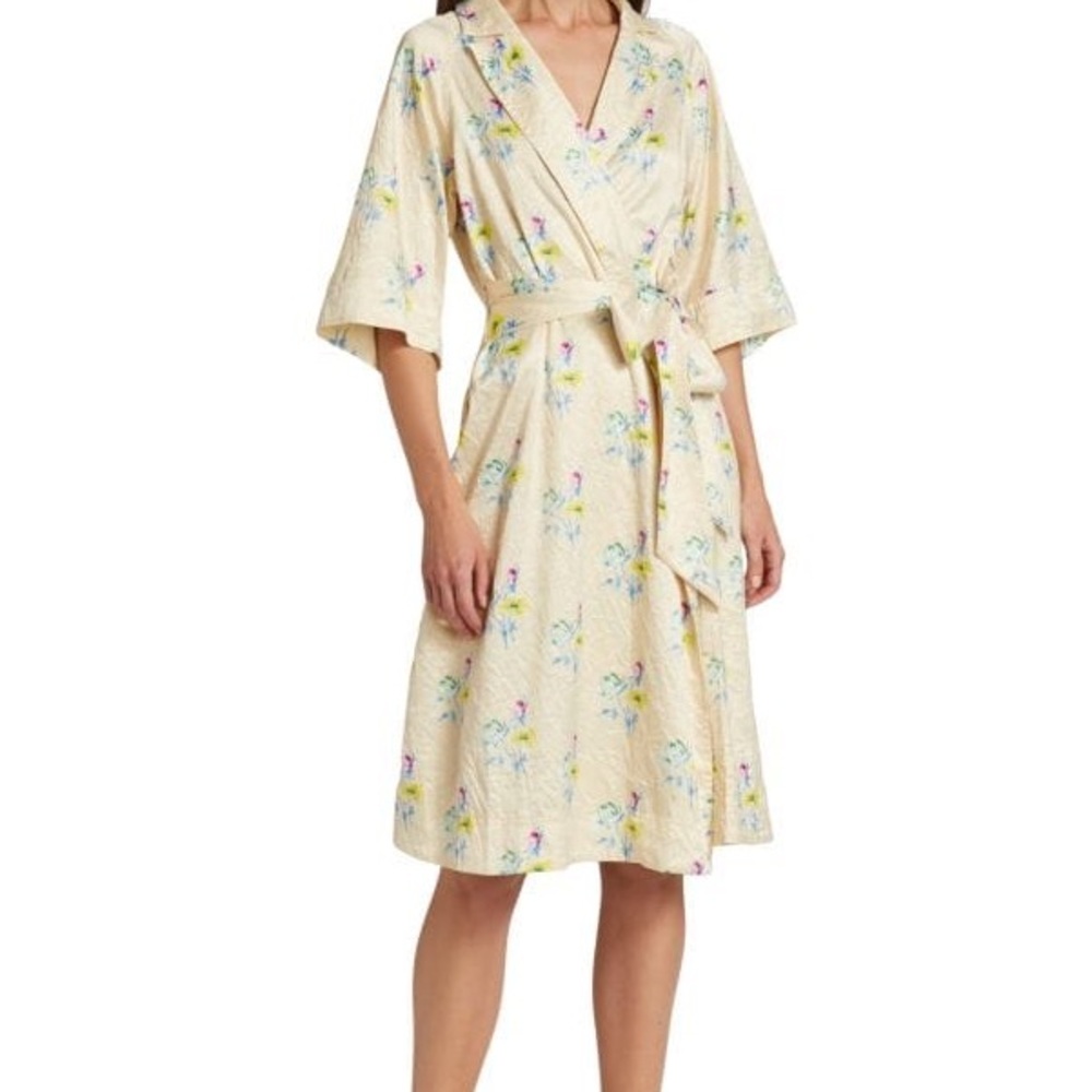 GANNI Floral Crinkled Satin Wrap Dress in Floral Rutabaga - Picture 3 of 16